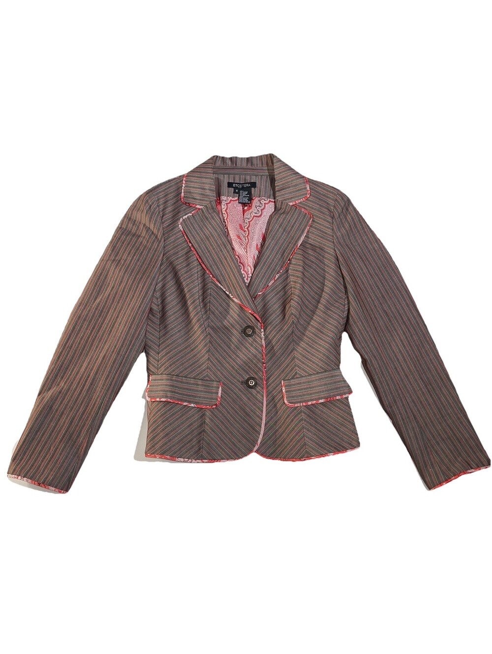 Etcetera Womens Blazer Jacket Size 6 Brown Pink Stripe Paisley Lined Wool Blend